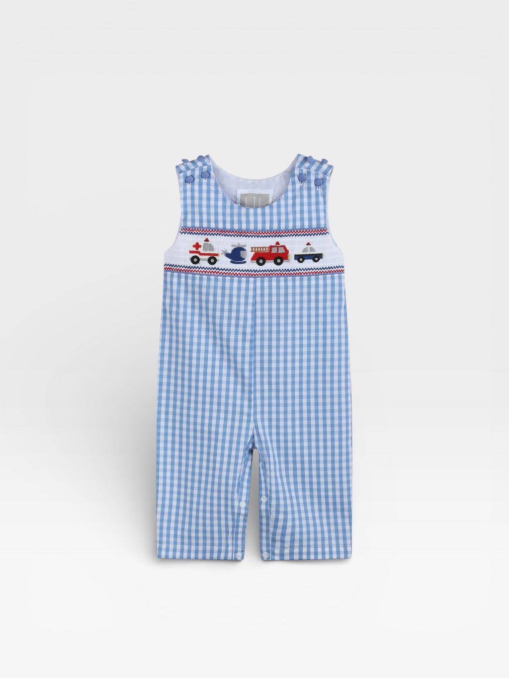 Blue Gingham Emergency Vehicles Smocked Overalls