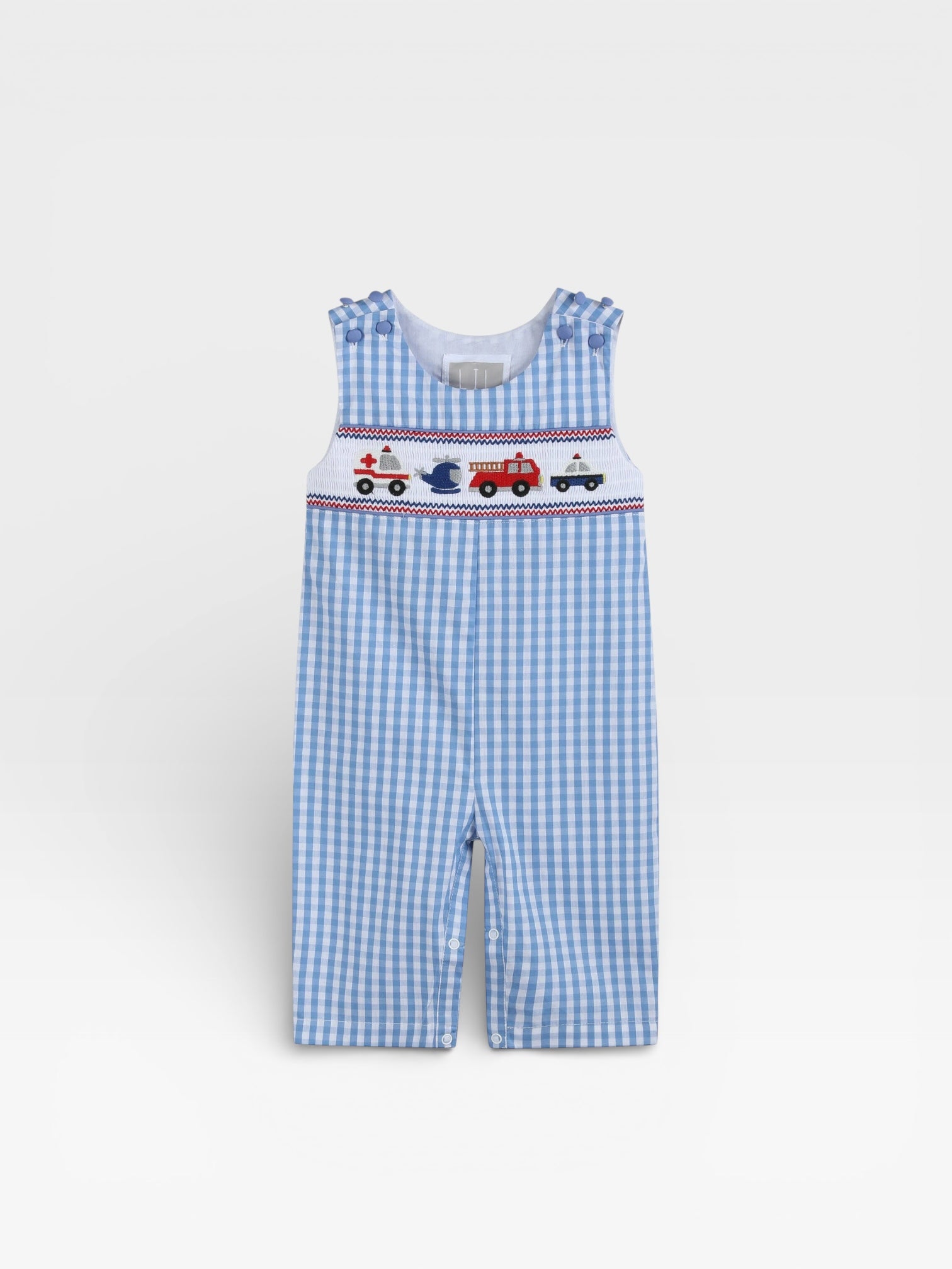Blue Gingham Emergency Vehicles Smocked Overalls