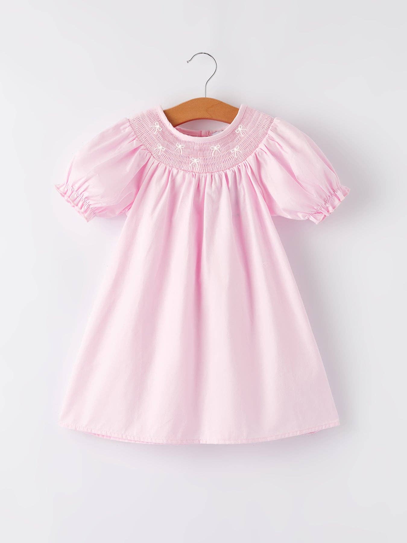 White Bow Smock Embroidered Pink Dress