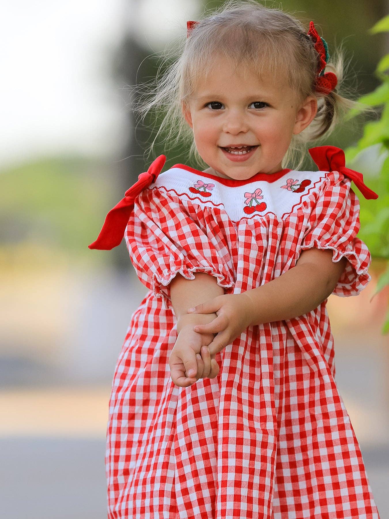 Red Cherry Bow Plaid Dress