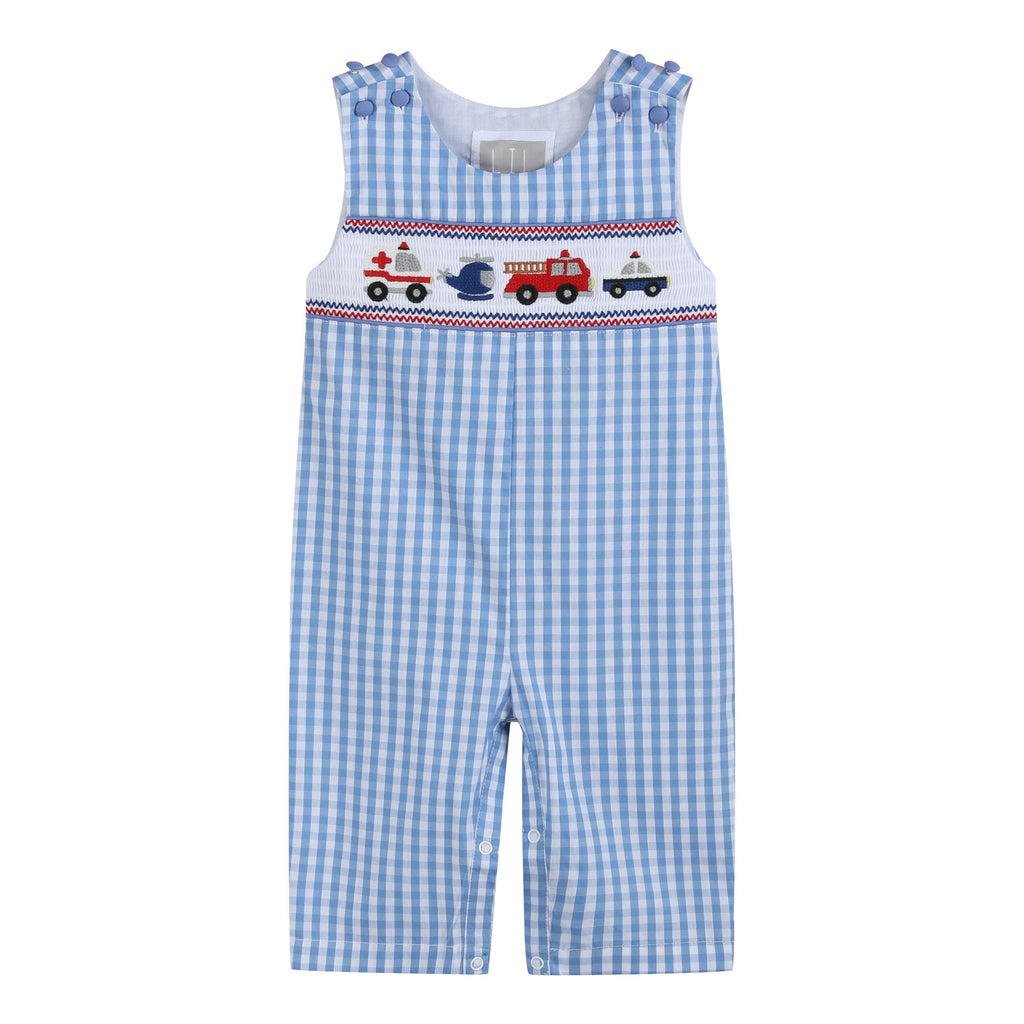 Blue Gingham Emergency Vehicles Smocked Overalls