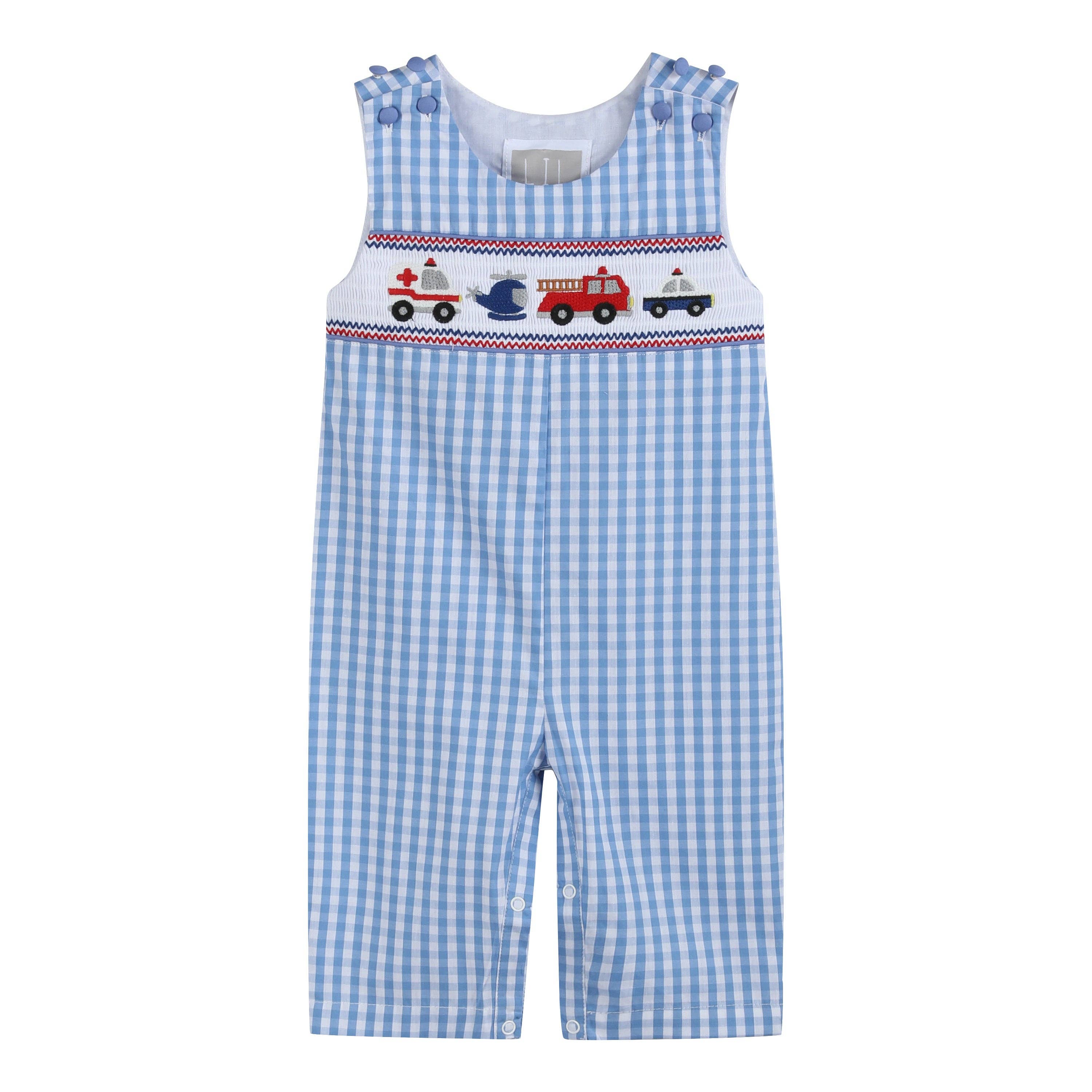 Blue Gingham Emergency Vehicles Smocked Overalls