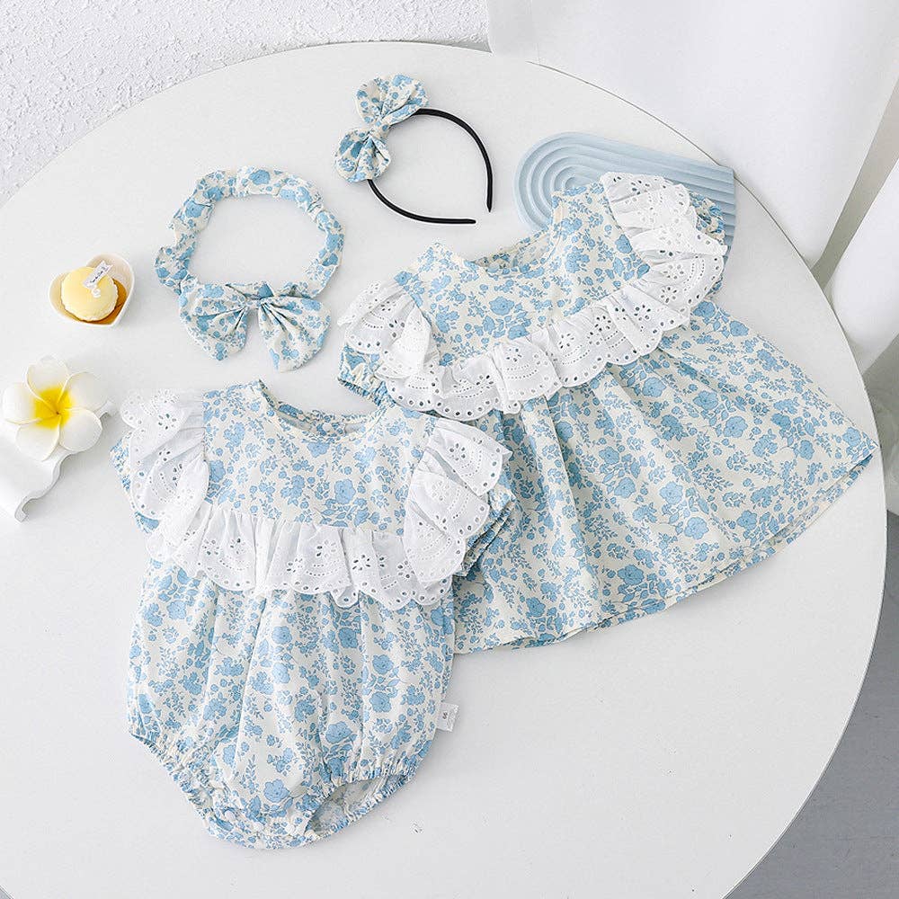 Blue Floral Lace Baby Girls Romper and Short Sleeve Dress Match Headband