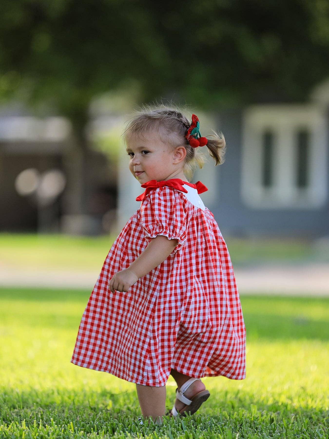 Red Cherry Bow Plaid Dress