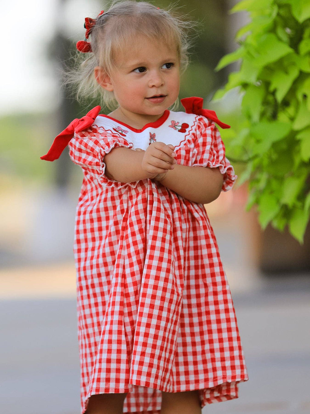 Red Cherry Bow Plaid Dress