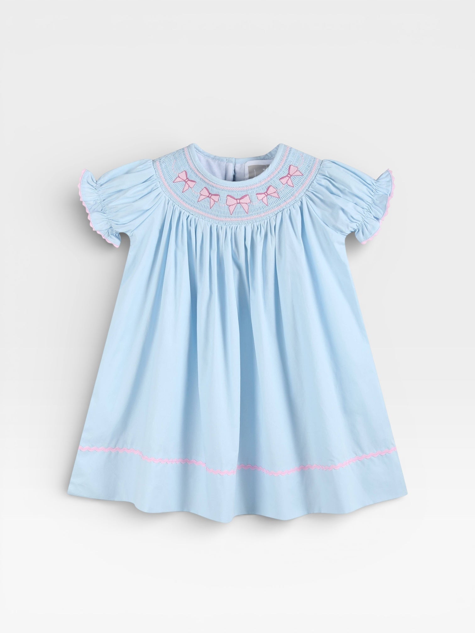 Blue and Pink Bow Smocked Bishop Dress