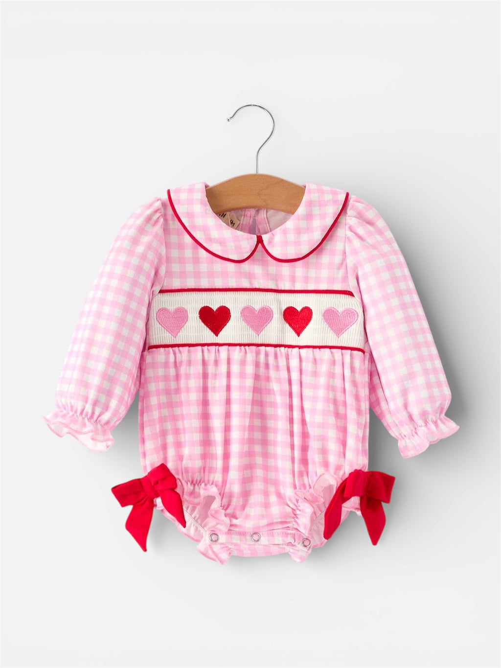 Girls' Valentine's Day Heart-embroidered Plaid Baby Romper