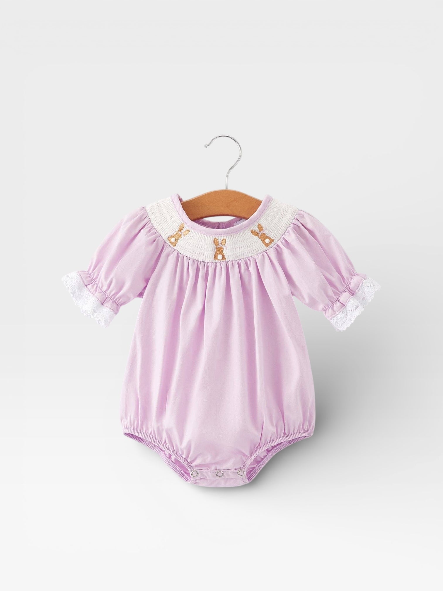 Girls Easter Bunny Smocking Embroidered Lace Cuff Purple Romper