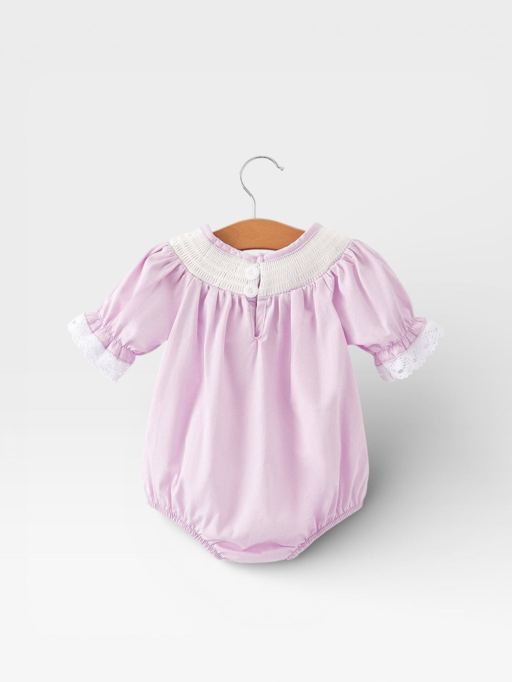 Girls Easter Bunny Smocking Embroidered Lace Cuff Purple Romper