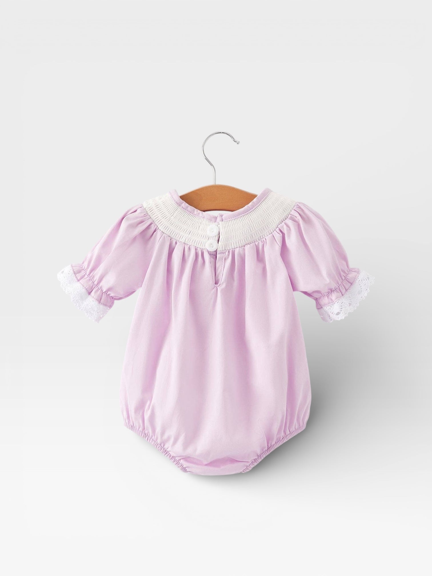 Girls Easter Bunny Smocking Embroidered Lace Cuff Purple Romper