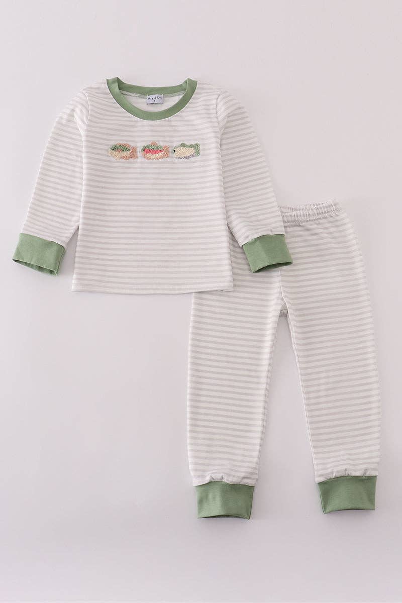 Sage Fish French Knot Stripe Pajama Set